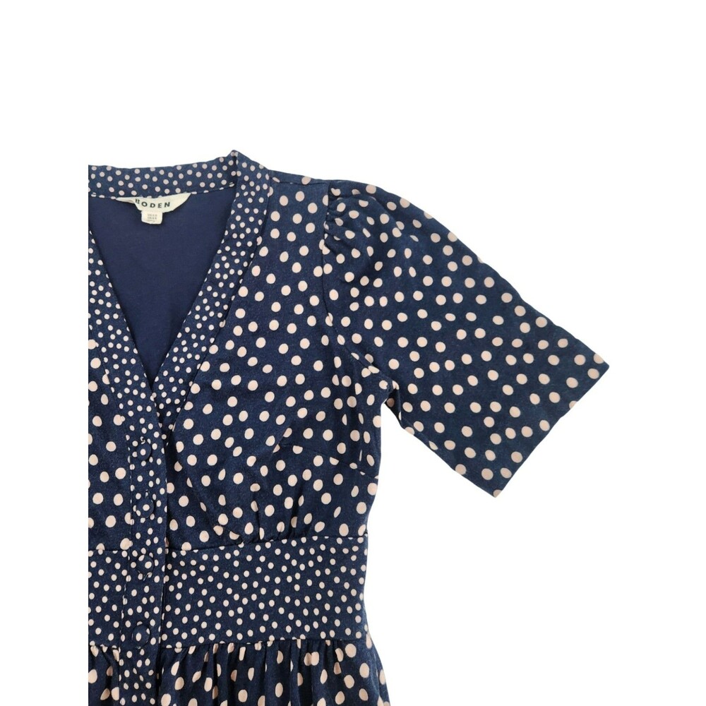 Boden Natalia Jersey Tea Midi Dress Womens Size 2 Navy Pink Polka Dot Pockets - Picture 3 of 9